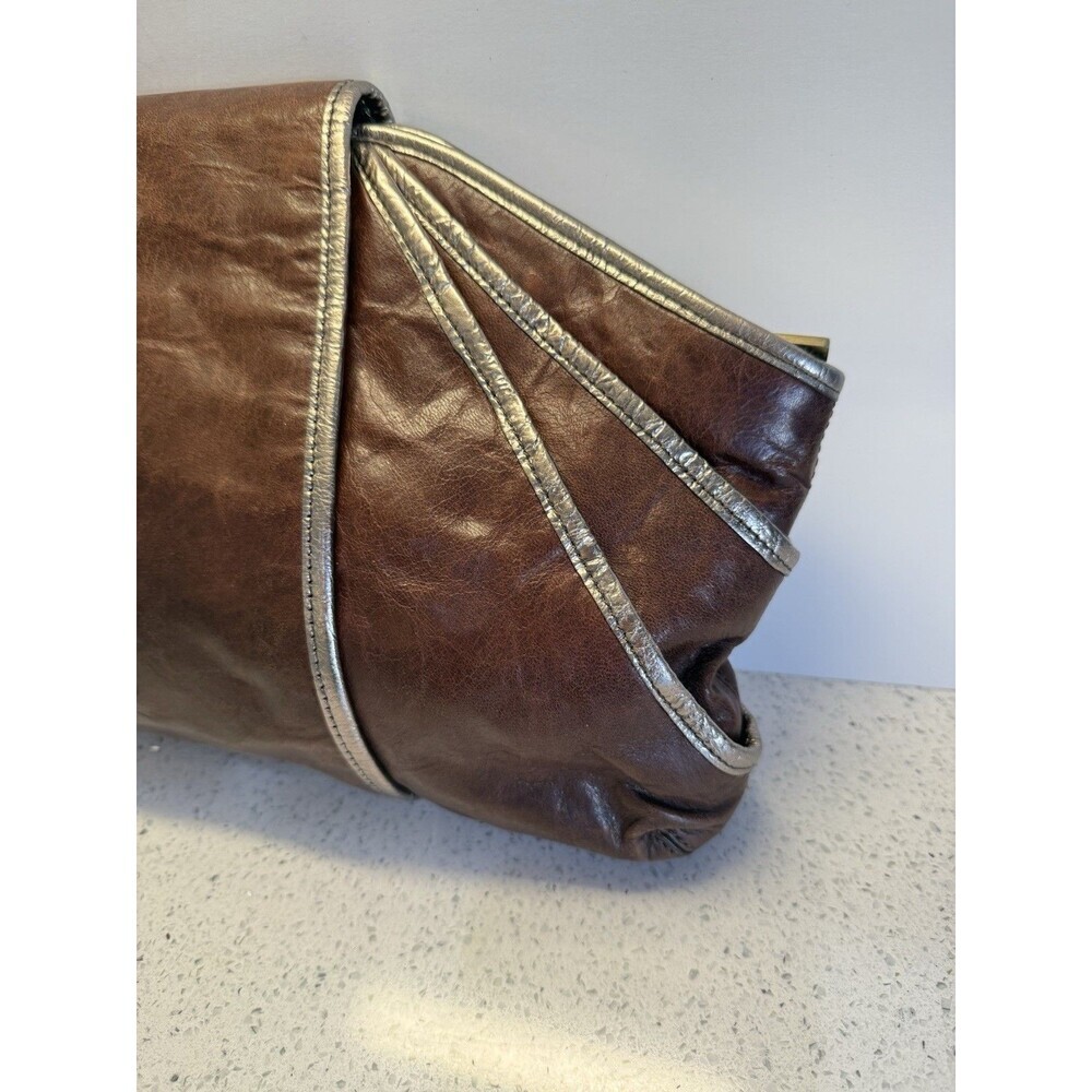 Kooba Brown Leather Clutch Metallic Piping Zip Snap Boho Bag Purse Y2K - Picture 5 of 16